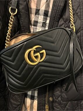 Gucci Black Quilted Leather Marmont Metalasse Small Camera Bag GG Authentic